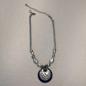 VTG LAURA ASHLEY® Pendant Necklace 16"to18" Round Textured Blue/Silver tone - Picture 1 of 5