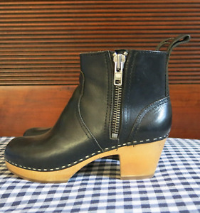 Swedish Hasbeens Zip It Emy clog bootie in black leather EU 37 / US women's 7