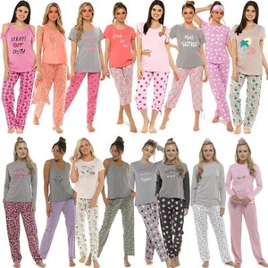 Ladies/Womens Long/Short Sleeve Jersey Pyjamas Pyjama PJs Nightwear Set - Picture 1 of 70