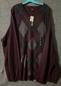 Apt 9 Sweater Mens 4XL Burgundy Argyle Big Tall V Neck Merino Wool Blend New - Picture 1 of 8