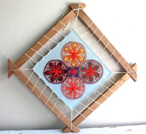 Rustic Framed Needle Weaving Sampler 4 Daisy Wheels Handmade Gallery Wall Art - Picture 1 of 7