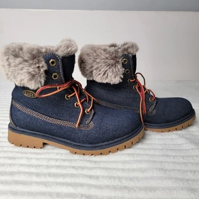 Lugz Faux Fur Lined Denim Look Boots Womens 7 Cozy Winter Lace Up Rugged Warm - Image 1 of 4