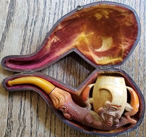 Early Antique Meerschaum Eagle Claw Pipe Stem Original Case Great Detail - Picture 1 of 10