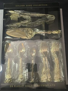 Set posate da pranzo/dessert 28 pezzi Golden Rose Collection Gold Electroplate - Foto 1 di 12