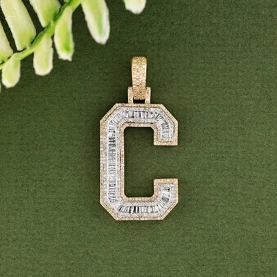 2Ct Lab Created Diamond 14K Yellow Gold Finish Initial C Letter 2" Charm Pendant - Image 1 of 4