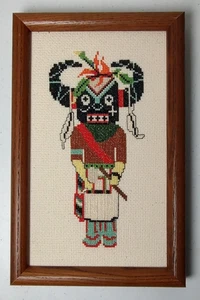 Vintage Hand Embroidered Stitching, Framed Native American Kachina Wall Art. - Picture 1 of 5