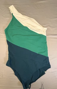 Summersalt Sidestroke One Shoulder One Piece Blue Green Striped Swimsuit Size 14 - Picture 1 of 4