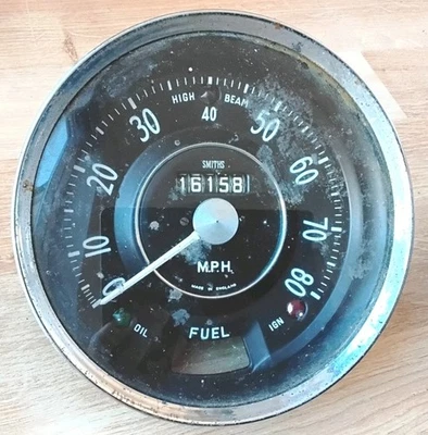 Velocímetro Morris Minor cara negra Speedo PUBLICACIÓN GRATUITA DEL REINO UNIDO  Foto 1 de 3