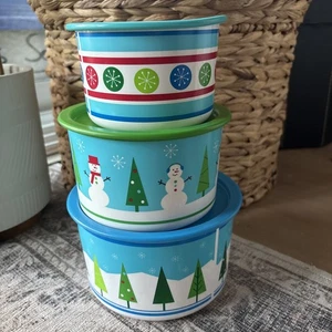 Tupperware Christmas Holiday Season Canisters  Set of 3 Blue Green - Bild 1 von 5