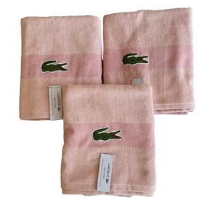 Lacoste Set Of 3 Pink Cotton Bath Towels 30"x 52" Big Crocodile Logo NWT - Picture 1 of 11