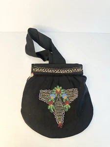 Vintage 1920s 1930s Reticule Hand Bag Black Beaded Embroidered Colour Floral - Picture 1 of 5