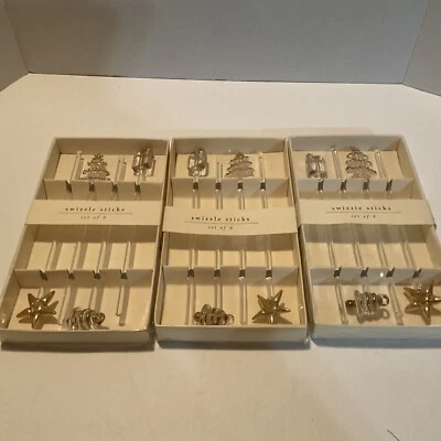 Pier 1 Importaciones Navidad Swizzle Sticks Borde Dorado Árbol Campana Regalo Estrella 12 Total Foto 1 de 4