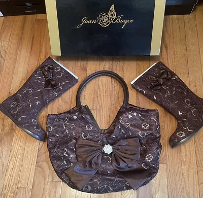 Joan Boyce Boots Sz 6.5M  & L Handbag w Zipper Closure In Brown w Gold Metallic - Image 1 of 4