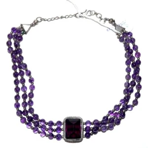 COLLANA argento 925 tre fili perle viola e pietra centrale ametista gioiello - Foto 1 di 7
