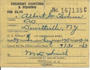 1963 - 1964 New York Citizen Resident Hunting & Fishing License - Picture 1 of 2