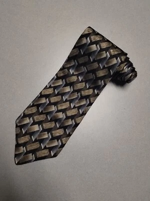 JF ~ J. Ferrar ~ Corbata para hombre 100 % seda ~ Patrón geométrico dorado sobre negro Foto 1 de 4