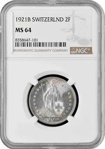 Switzerland 2 francs 1921 B, NGC MS64, "Confoederatio Helvetica (1917 - 1967)" - Picture 1 of 2