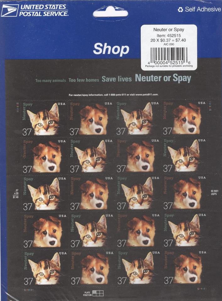 USPS Sheet of 20 Stamps Neuter or Spay Animal Rescue Dog Cat Shelter 3671 MNH - Image 1 of 1