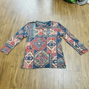 LRL Lauren Jeans Co Ralph Lauren Mujer Mediano Pequeño XS Funky Patrón Azteca Top - Imagen 1 de 9
