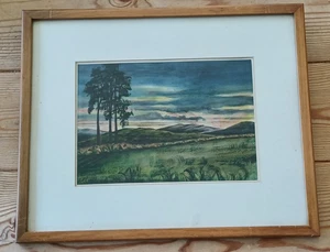 Pintura escena paisaje acuarela por J.P. Ludu, artista ugandés (1925-1965) - Imagen 1 de 4