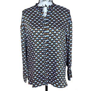 Zara blouse blue brown geometric  button down long sleeve top size M retro - Picture 1 of 11