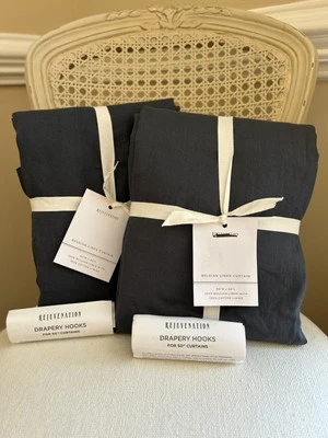 Rejuvenation Belgian Linen Cotton Lined Curtains (2) 50”x84” Dark Slate NWT OB - Image 1 of 4