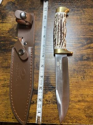 MOSSY OAK 固定刀片 Bowie 刀带棕色真皮鞘 — 第 1/4 张图片