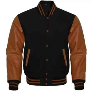 Letterman Black Wool & Brown Leather Sleeves Varsity Jacket Bomber Jacket Men's - Picture 1 of 3