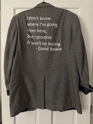 Abrigo deportivo de tweed azul de colección con letra de canción de David Bowie en la espalda - ¡Atuendo de club! Foto 1 de 4