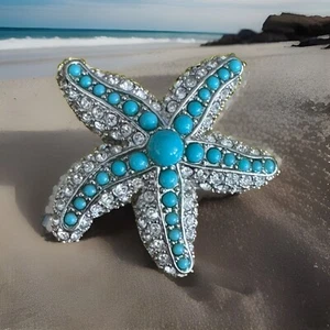 VTG starfish pave crystal turquoise cabochon sea star brooch/ pendant NAUTICAL - Picture 1 of 8