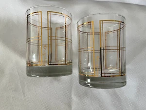 2 MCM Georges Briard Gold Karo/Fensterscheibe OLD FASHION Low Ball Whiskey GLÄSER - Bild 1 von 5