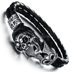 Stainless Steel Skull Fleur De Lis Cross Leather Cuff Men Bracelet Halloween Gif - Picture 1 of 1