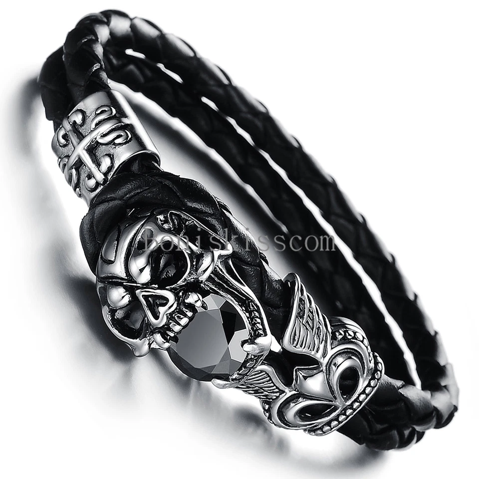 Stainless Steel Skull Fleur De Lis Cross Leather Cuff Men Bracelet Halloween Gif - Image 1 of 1
