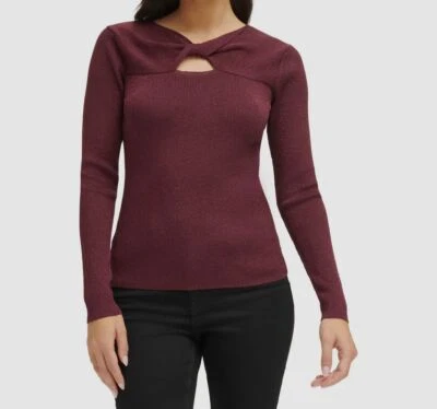 Suéter feminino Calvin Klein vermelho metálico com nervuras buraco na fechadura manga longa tamanho P - Imagem 1 de 3