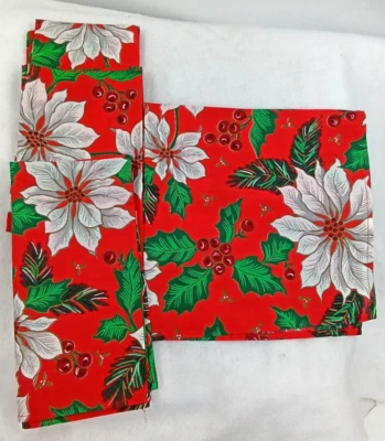 White Poinsettia Berry Cloth Napkins Handmade Cotton Vintage 19" Square Set of 4 - Image 1 of 3