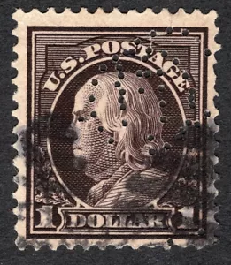 US 1915 $1 Franklin Perfin Stamp #423 used CV $80 - Picture 1 of 2