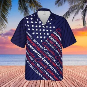 Corvette C1-C6 Logos American Flag Hawaiian Shirt for Men Button Down Chevrolet - Picture 1 of 2