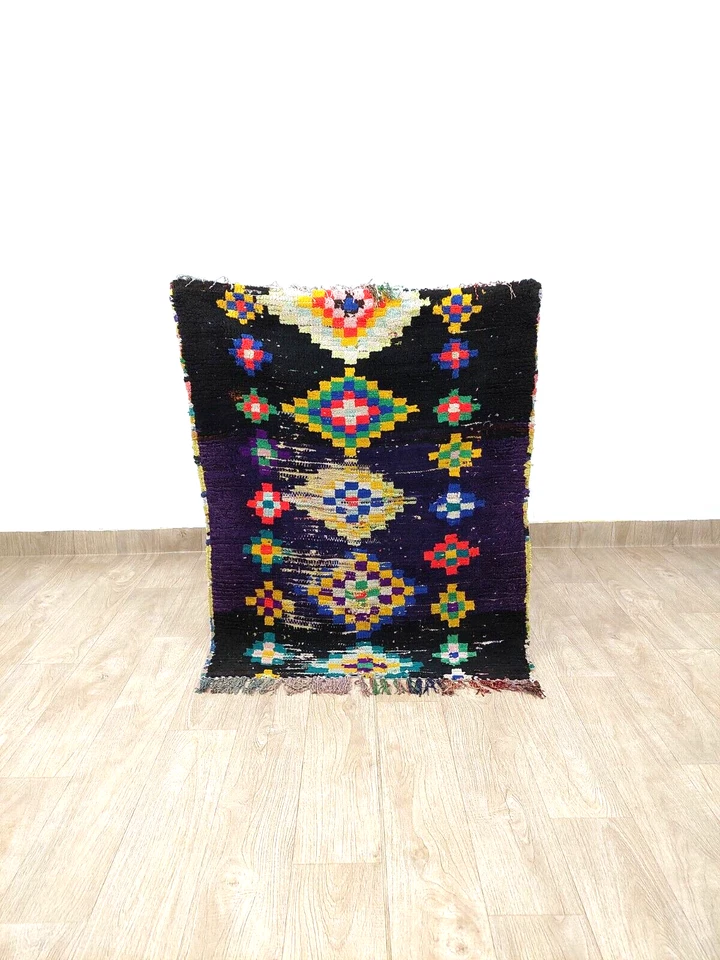 Moroccan Vintage Area Rug 3x4 Handmade Berber Purple Black Boujaad Geometric Rug - Image 1 of 4