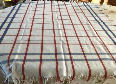 ancienne nappe à carreaux en coton avec franges 1.16 m x 1.20 m - Photo 1/3