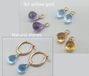 9ct Gold Natural Drop Gemstone Pendant Citrine Blue Topaz Hooplet Earring Charms - Picture 1 of 9