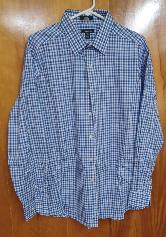 Camisa de vestir Claiborne sin arrugas con botones para hombre manga larga 17-34/35 azul c Foto 1 de 4