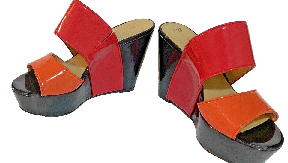 Tacones de plataforma retro mega eslingas altas Nine West charol rojo talla 7,5 Foto 1 de 4