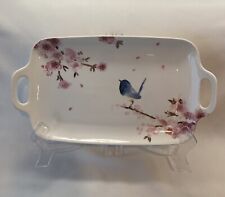 Sakura Blossoms & Blush Pink Blossom & Blue Bird Tray Ceramic 11.5” X 6.25” CUTE