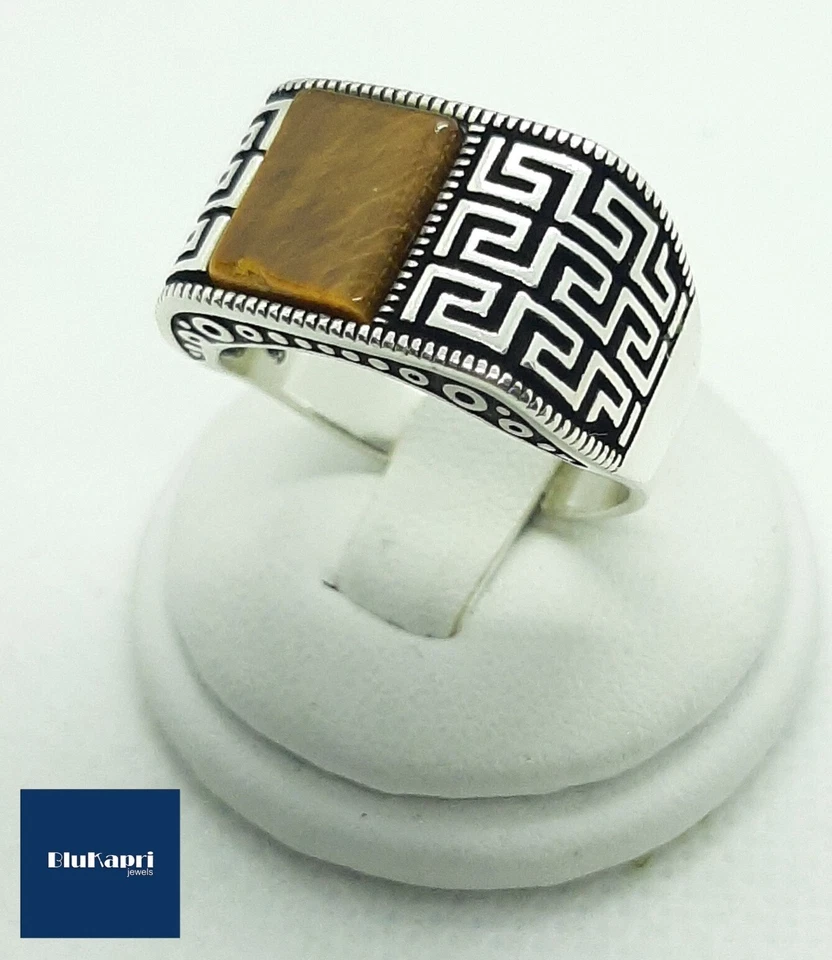 Anello uomo argento 925 greca con occhio di Tigre mis.23 - Immagine 1 di 4