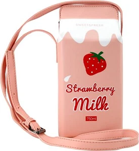 Cute Strawberry Milk Box CrossBody Purse Bag,PU Phone Shoulder Wallet Caom  - Picture 1 of 5
