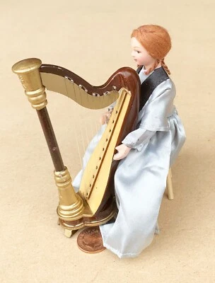 Dolls House Lady At The Wooden Harp 1:12 Scale Miniature Instrument tumdee - Image 1 of 4