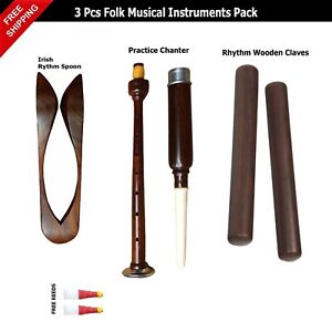 3 Pcs Folk Musical Instruments Pack Bagpipe Chanter Wooden Claves Rhythm Spoons