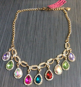 Betsey Johnson Rainbow Sparkling Crystal Pendants Bib Choker Necklace New!