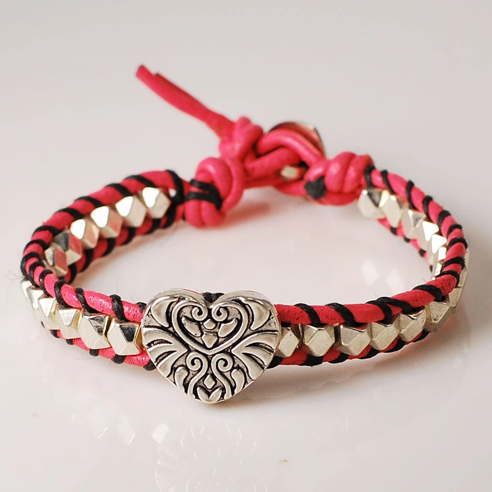 Pulsera Corazón Cuero Rosa y Estaño con Cuentas de Latón Plateado 7" ENVÍO GRATUITO Foto 1 de 2