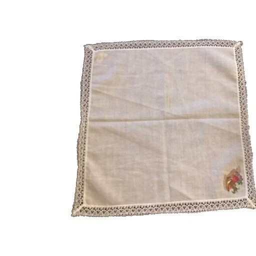 Vintage White with Hand Painted Fruits and lace Women Cotton Handkerchief —#1286 - Image 1 of 2